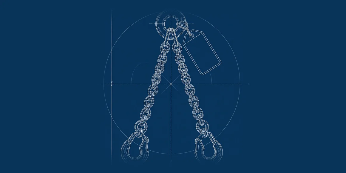 Drawing of a two-leg chain sling: master link, two chain legs with latched hooks, and a blank identification tag on the master link