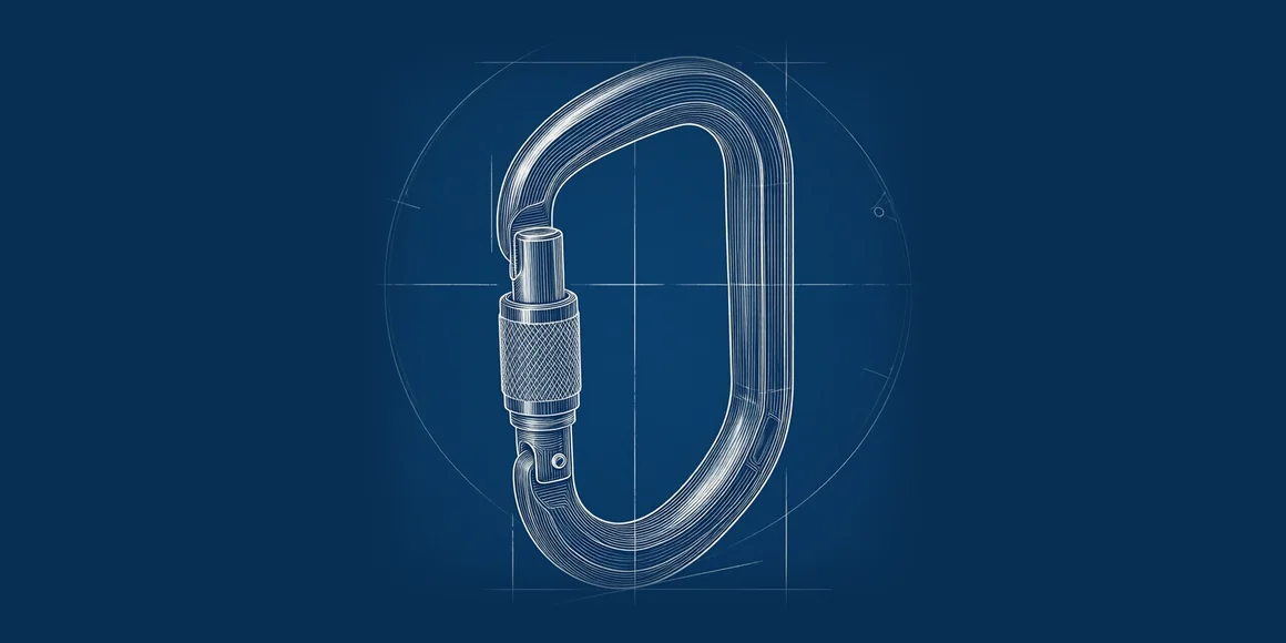 Drawing of a steel screwgate connector with its gate open and knurled locking sleeve