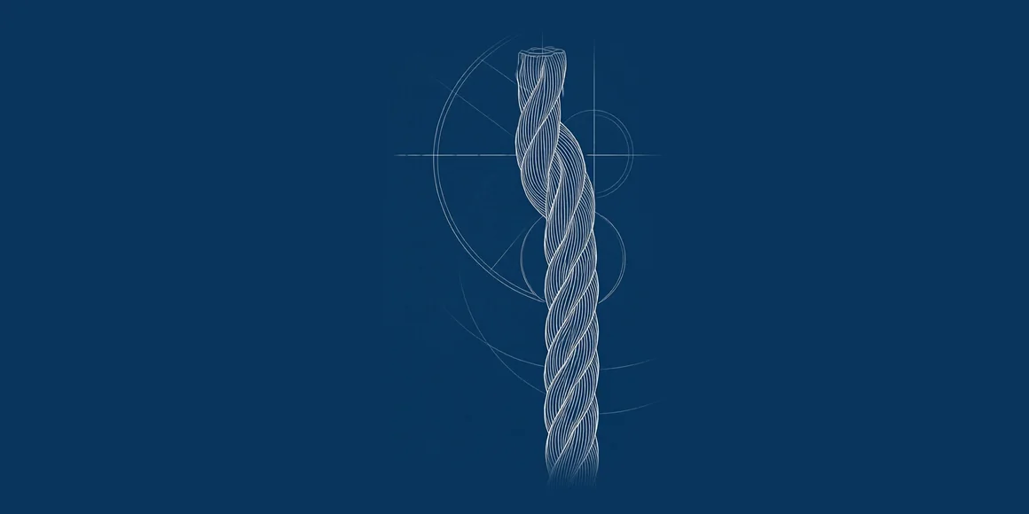 Close-up drawing of a steel wire rope showing the lay of its strands and wires